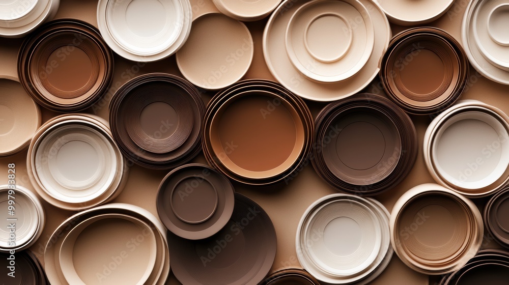 Poster Overlapping coffee cup rings form an intricate and dynamic abstract pattern in soothing shades of brown, creating a visually engaging design. Generative AI