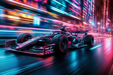 fast moving formula 1 car. F1 race car on road with fast bright colors of trails.