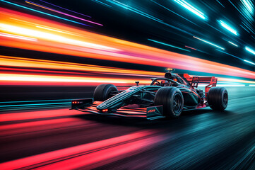 An F1 Sport racing car fast driving to achieve the championship.  Motion blur and lighting effect.
