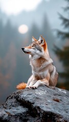 A wolf howling at the full moon, surrounded by its pack, with a mystical moonlit forest setting.