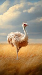 Fototapeta premium An ostrich with a sparkling crown striding across a golden savannah.