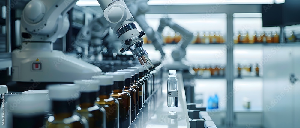 Poster robotic arm in a modern lab efficiently handling bottles on a production line, showcasing automation