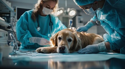 Veterinary surgeon performing surgery on a dog, with veterinary nurses assisting, highlighting the breadth of healthcare across species.