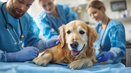 Veterinary surgeon performing surgery on a dog, with veterinary nurses assisting, highlighting the breadth of healthcare across species.