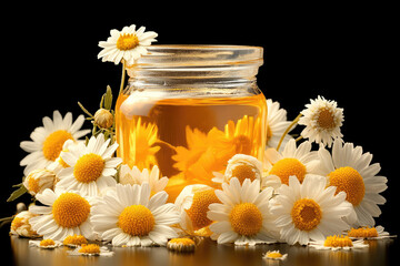 A jar of honey surrounded by daisies, with a black background, in the style of a real photo with high-definition resolution. Created with Ai