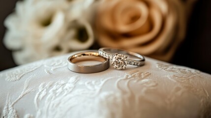 Two elegant wedding rings displayed on embroidered fabric, accompanied by delicate flowers, symbolizing love and commitment.