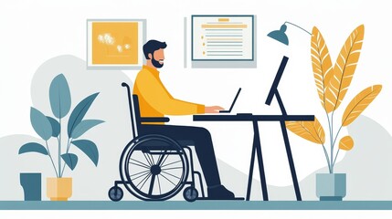 A happy worker in a wheelchair works at his computer. The man with a physical disability works from home. This flat vector illustration shows accessibility, remote work, and occupation for a banner.