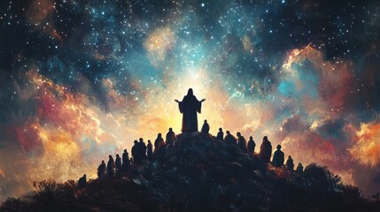 Fototapeta premium Jesus Christ stands on a hilltop, surrounded by followers, as a celestial sky illuminates the night. .