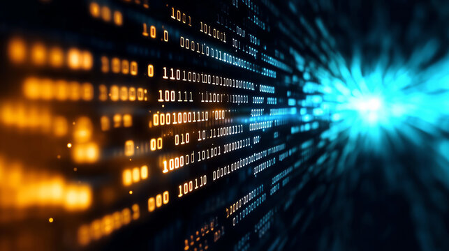 Abstract digital binary code background in blue and orange colors.
