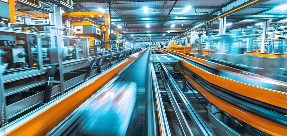 Poster dynamic view of a modern factory floor showcasing automated conveyor systems and vibrant machinery i