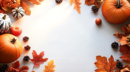 Fototapeta premium Decorative autumn pumpkins and leaves on a white background.