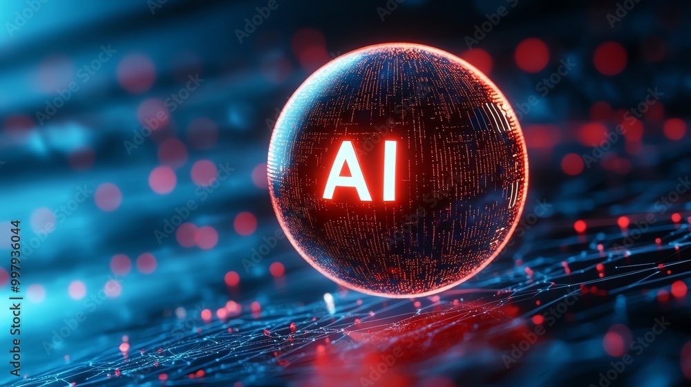 Poster glowing ai sphere on a digital background with glowing particles and vibrant colors.