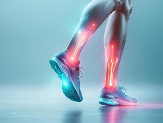 Human leg anatomy with glowing bones and muscles in action.