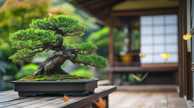 the beauty of bonsai plants exposed to morning sunlight and butterflies flying around them. Virtual 4K video animation background with looping time lapse with very smooth graphics.