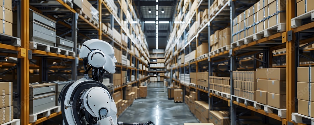 Poster a futuristic robot stands in a high-tech warehouse filled with organized boxes, showcasing automatio