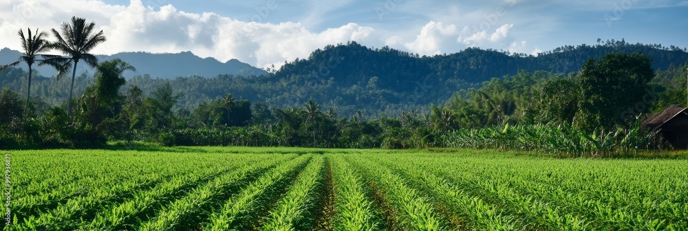 Poster a serene landscape featuring lush green fields with neatly arranged rows, surrounded by mountains an