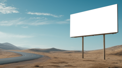 Transparent billboard on roadside in desert with mountains in the background