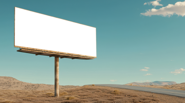 Transparent billboard in desert landscape with clear blue sky and dirt road - Powered by Adobe