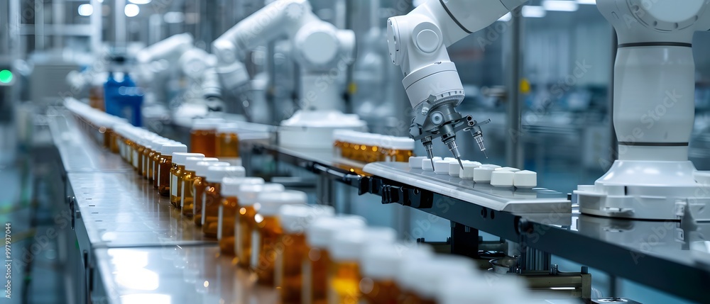 Poster advanced robotic arms working on a production line, handling bottles in a modern pharmaceutical fact
