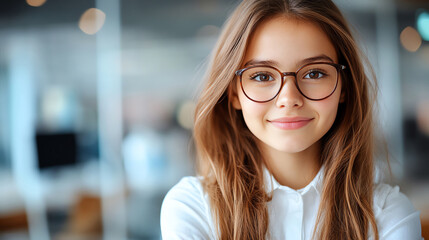 Smiling young woman with long hair and glasses in a modern office setting.