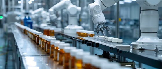 Advanced robotic arms working on a production line, handling bottles in a modern pharmaceutical factory setting.