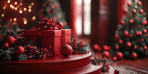 Festive Red Christmas Decor with Gifts and Ornaments