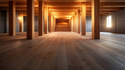 Fototapeta premium Spacious wooden interior with beams and warm lighting, showcasing modern architecture.