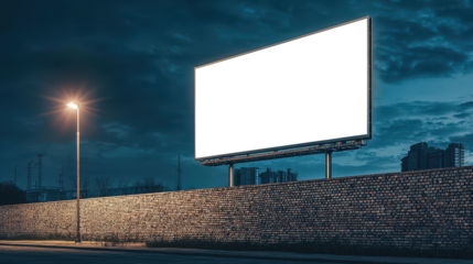 Transparent billboard on empty highway at night with streetlights and dark sky