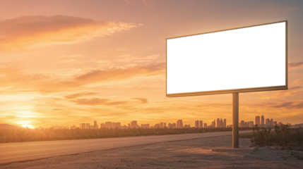 Transparent billboard on roadside with golden sunset over city skyline