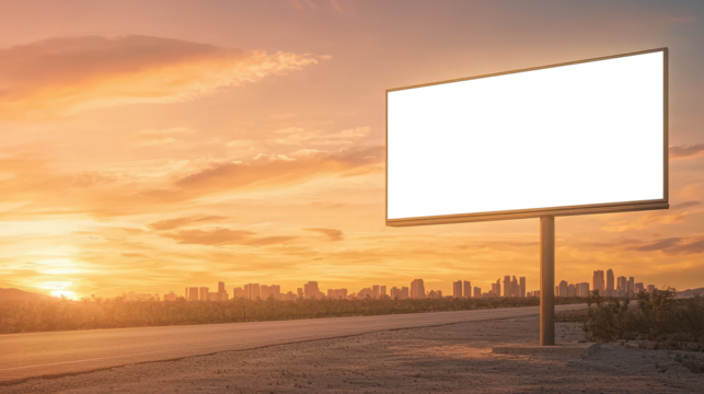 Transparent billboard on roadside with golden sunset over city skyline