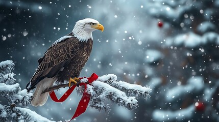 A majestic eagle perched on a snow-covered branch with a Christmas ribbon