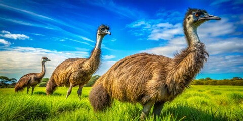 Majestic emus wander gracefully through their natural habitat, surrounded by lush green grass and a brilliant blue sky