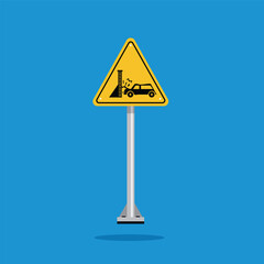 Warning sign of car crashing into wall on yellow triangle board. Suitable for poster and web icon	