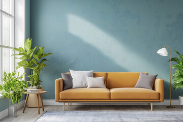 A living room with an empty wall for design mockups, with a stylish and colorful or pastel colored interior