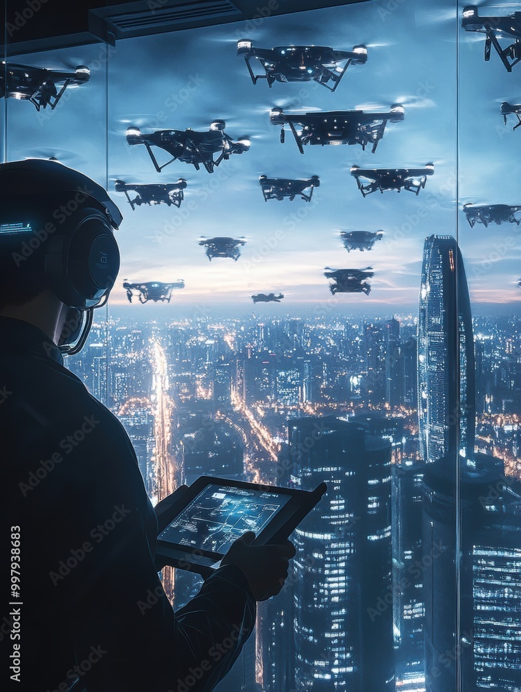 Aufkleber a skilled drone pilot operates a fleet of sleek drones using a touchpad in a cutting-edge control ce