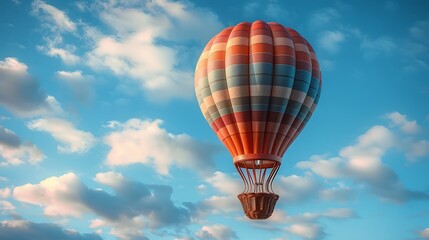 Fototapeta premium Colorful Hot Air Balloon Flying Through Blue Sky With Clouds