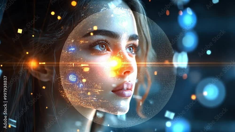 Poster the woman appears deep in thought, with vibrant digital patterns and lights reflecting on her face i