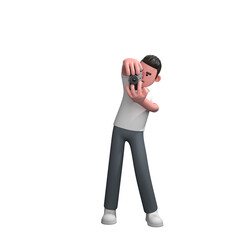 Male Photographer Professional Character. A male photographer is standing holding a camera in both hands with the camera position slightly tilted to get a different angle. 3D Illustration