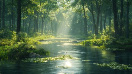 Obraz premium Sunbeams Through a Misty Forest