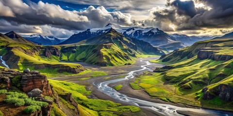 Majestic Thorsmork Valley in Iceland enchants visitors with its lush green mountains and dramatic landscapes, offering