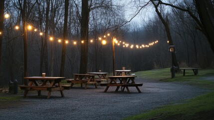 A traveler stopping at a roadside rest area, where old-fashioned light bulbs illuminate the picnic tables in the fading evening light. -
