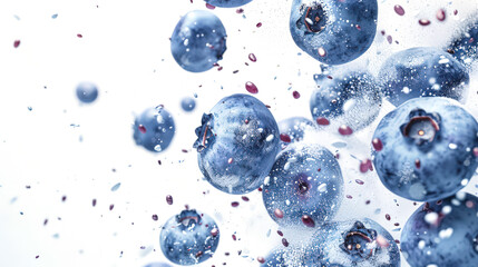 An explosion of blueberries. Close-up of blueberries in powdered sugar on a white background. Blueberries are in the air. A natural organic product. Delicious dessert