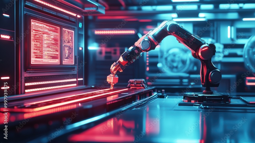 Poster in a sleek, high-tech lab, a robotic arm carefully assembles complex machinery while illuminated pan