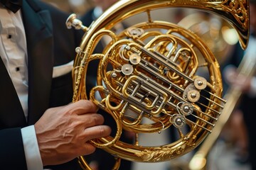 Fototapeta premium A man is holding a large golden trumpet