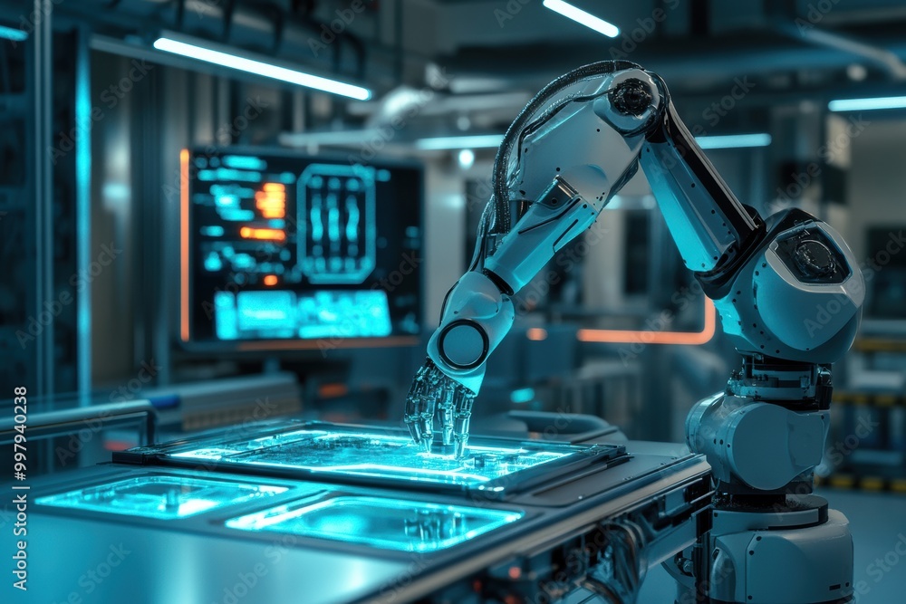 Aufkleber In a sleek, high-tech lab, a robotic arm skillfully assembles intricate machinery while surrounded by holographic displays. Generative AI