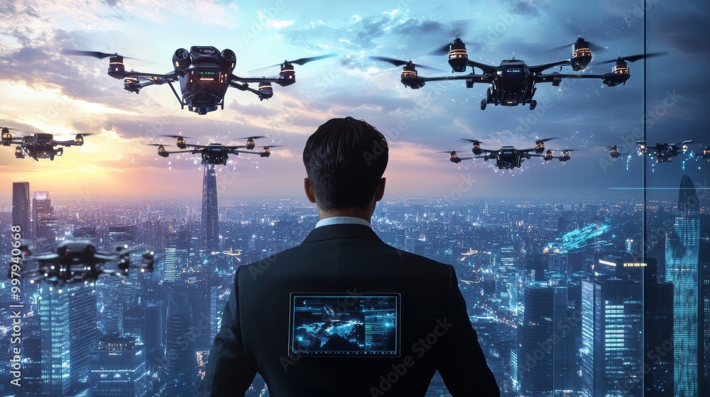 Aufkleber a skilled drone pilot utilizes a sophisticated touchpad to manage a fleet of futuristic drones from 