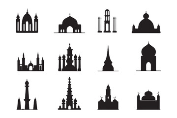 Set of vector Mosque silhouette vector, Islamic religious elements collection, icons for prayer.  Islamic religious symbol black and white 