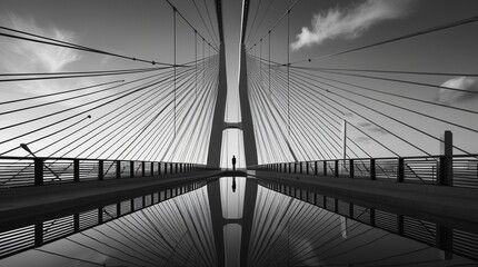 Fototapeta premium a black-and-white photo of a large modern bridge on which a man is walking