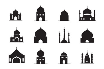 Set of vector Mosque silhouette vector, Islamic religious elements collection, icons for prayer.  Islamic religious symbol black and white 