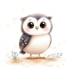 Obraz premium Adorable cartoon owl with big eyes, perched cutely among flowers, perfect for children's illustrations and nature-themed designs.